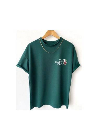 Hırsch Unisex Oversize Yeşil Bisiklet Yaka The Happy Face Baskılı T-shirt Yeşil