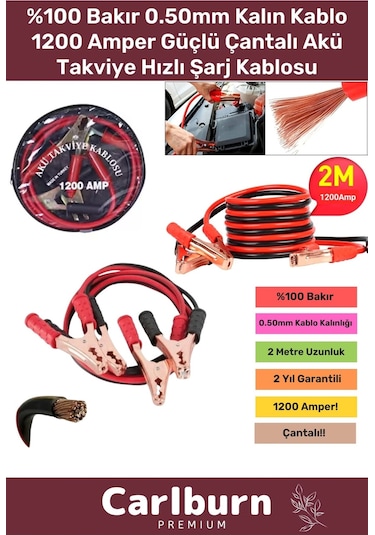 1. Kalite Çantalı Oto %100 Bakır 0.50mm Kalın Kablo 1200 Amper Güçlü Hızlı Şarj Akü Takviye Kablosu