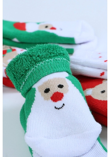 Pamuklu 6'lı Yılbaşı Noel Baba Kışlık Havlu Yenidoğan Bebek Çorap "Karışık Renkli"