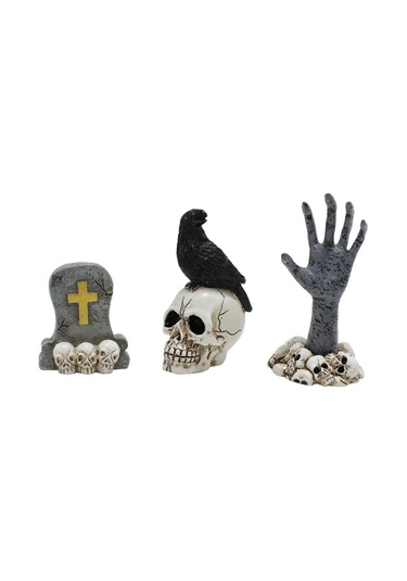 3 Minyatür Kafatası Başı Figürleri Seti Karga Mezar Taşı Hayalet El Figürleri Modelleri Patio Çim Bahçe Veranda Dekorasyonu İçin