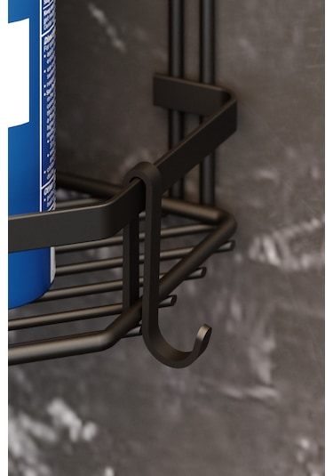 Teknotel Üç Katlı Kancalı Banyo Köşe Rafı Mat Siyah Es076H Siyah