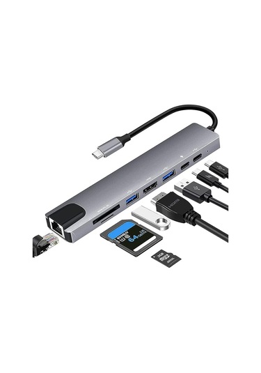 Usb C Hub Çoklu Bağlantı Noktası Adaptörü, 4k Hdmı Adaptörü Usb C - Hdmı Ve Ethernet Bağlantı Noktası Genişletme Yuvası Dizüstü Bilgisayar Macbook Pro Air Dell Hp Tip C Cihazlar İçin