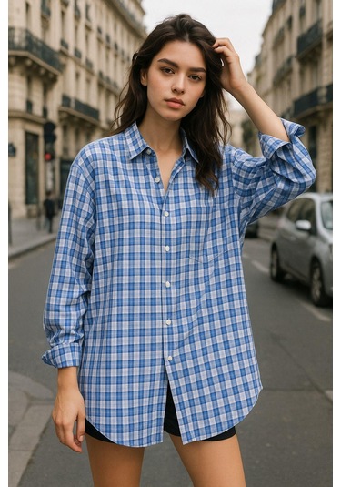 Kadın Mavi Beyaz Oversize Ekoseli Gömlek Over Fit Relaxed Gömlek Çok Renkli