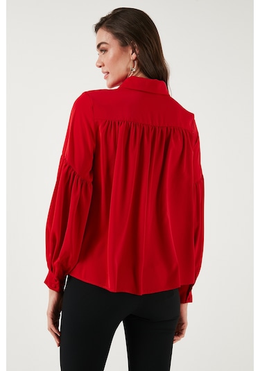 Lela Regular Fit Dikiş Detaylı Düz Yaka Balon Kol Bayan Gömlek 611Go00003 Kırmızı