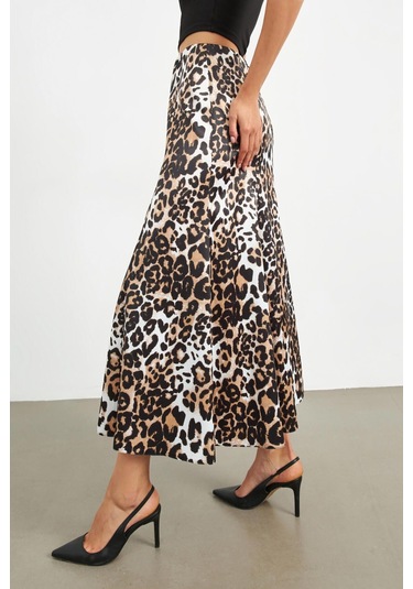Stella Pulvis Kahverengi Leopar Desenli Beli Lastikli Saten Maxi Etek Kahverengi
