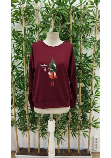 Kadın Uzun Kollu Bisiklet Yaka Desenli Viskon Iki Iplik Bluz Bordo