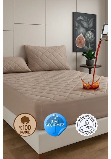 %100 Pamuk Renkli Kapitone Sıvı Geçirmez Alez Çarşaf - Kahverengi