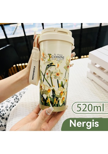 Çift İçecek Kahve Fincanı Kadın Yüksek Değerli Seramik Astar 316 Paslanmaz Çelik Termos Bardak Araba Basit Pipet Bardak 303 Çift İçecek Seramik Nergis