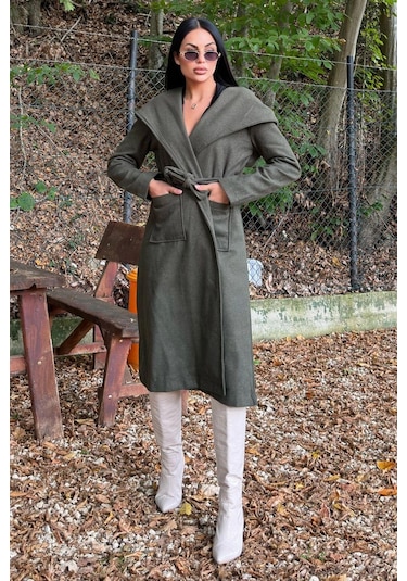 Haki Kruvaze Yaka, Kapüşonlu, Çift Cepli, Beli Kemerli, Uzun Kaşe Kaban Astarsız Haki