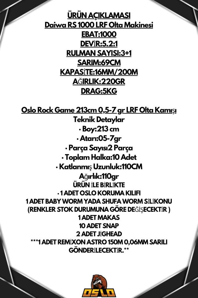 Oslo Rock Game 213cm 0,5-7gr Daiwa Rs 1000 Lrf 8 Örgü Olta Seti Standart