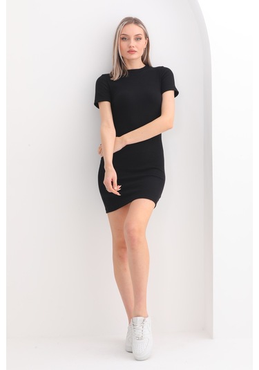 Kallima Siyah Kısa Kollu Mini Fitilli Esnek Kalem Elbise