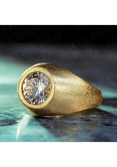 925 Ayar Gümüş Altın Kaplama Yuvarlak Beyaz Zirkon Taşlı Sade Erkek Yüzük Altın