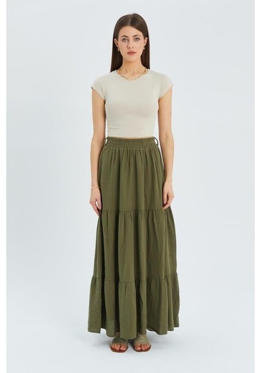 4567 Kadın Fırfırlı Uzun Müslin Etek Haki Haki