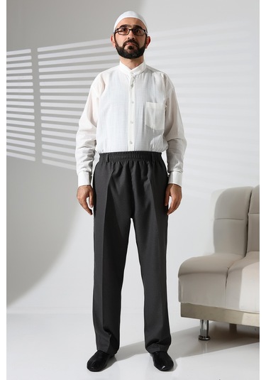 Erkek Beli Lastikli Cepli Hac Ve Umre Kışlık Yün Efektli Şalvar Pantolon - Füme İsr Füme