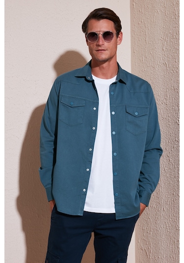 Buratti Pamuklu Regular Fit Çift Cepli Erkek Gömlek Cf24W116927 Petrol