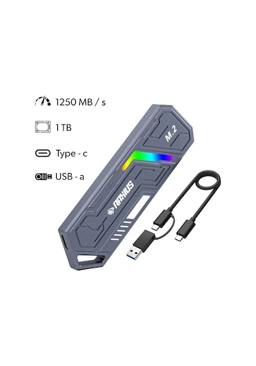 Raxius Dk03 Usb-a/type-c Kablolu Rgb 1tb 22x80 M.2 Nvme Taşınabilir Harici Ssd