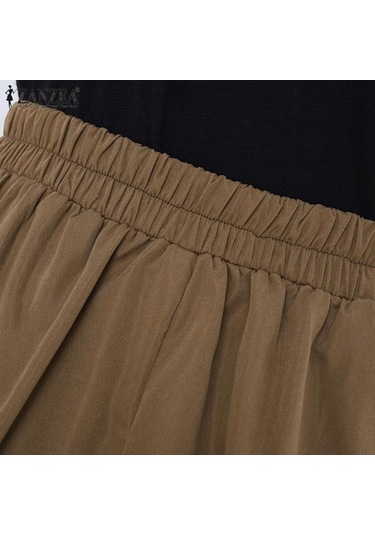 Zanzea Yaz Kadın Yüksek Bel Pileli Düz Renk Bol A Kesim Etek Kahverengi