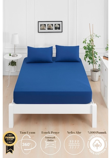 Mirava Premium %100 Pamuk Penye Lastikli Tek Kişilik Çarşaf Takımı 1 Yastık Kılıfı Dahil Lacivert 100x200cm Lacivert