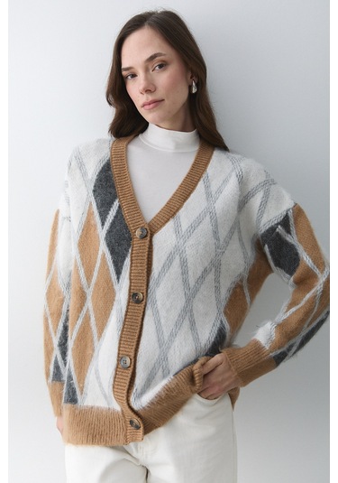 Camel Kemik Baklava Desenli Hırka - 251090 Camel