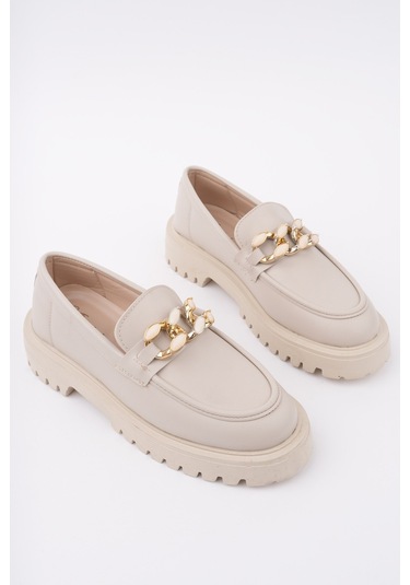 Muggo Crasher Kalın Taban Tokalı Günlük Casual Makosen Kadın Loafer Ayakkabı Ten Cilt