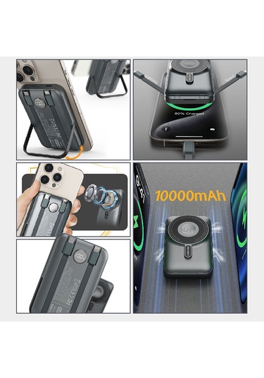 Lenyes Pw1006d Dijital Led Ekranlı Standlı Wireless Powerbank 15w 10000mah Gri