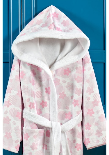 Pink Flower Dijital Baskılı Çocuk Bornozu Açık Pembe