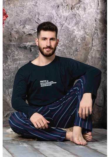 Lukitus Uzun Kollu Sıfır Yaka Baskılı Erkek Pijama Takımı Lacivert