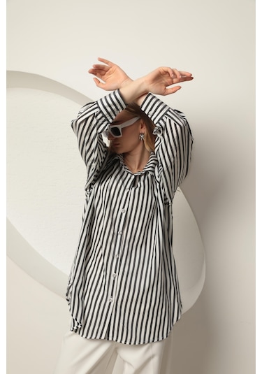 Chıcnhappy Poplin Kalın Çizgi Kadın Gömlek Siyah 24pn50610147 Siyah