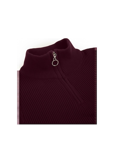 Deepsea Erkek Bordo Yarım Fermuarlı Oversize Kesim Triko Kazak %100 Pamuk, Yumuşak Dokulu Örgü Kazak 2608511 Bordo