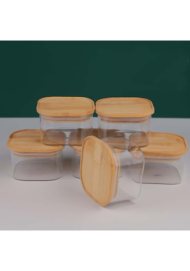 Bambu Kapaklı Cam Kahvaltılık 6 Adet Vakum Kapaklı Hava Almaz Borosilkat Cam