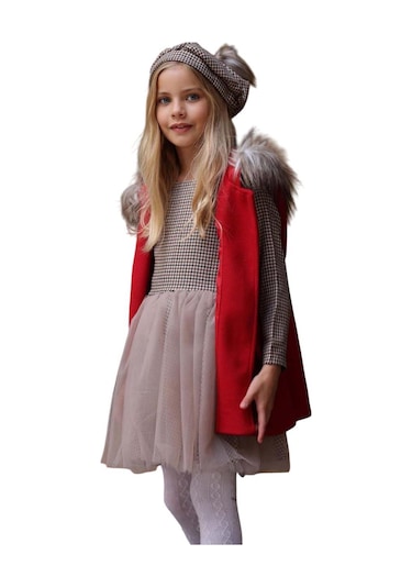 Riccotarz Kız Çocuk Üzeri Kare Desenli Eteği Tüllü Elbise Kürk Detaylı Kolsuz Kırmızı Kaşe Kırmızı