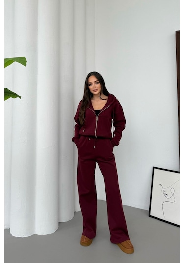 Mezka Kadın Çift Fermuar Detaylı Kapüşonlu Kışlık Şardonlu Oversize Eşofman Takımı Bordo