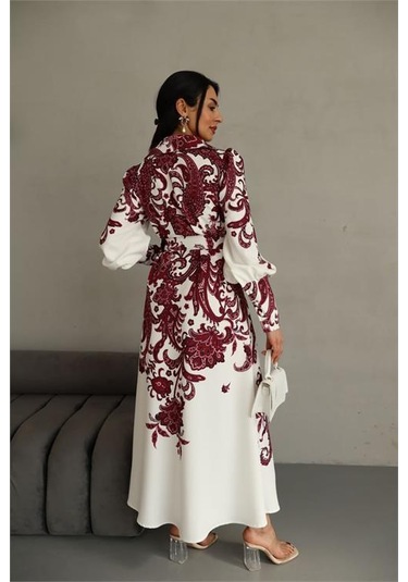 Dipmoda Kadın Kemerli Uzun Desenli Gömlek Elbise Dpms4220 Bordo