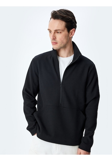 Koton Kanguru Cepli Uzun Kollu Basic Yarım Fermuarlı Sweatshirt Siyah 5wam70249mk Siyah