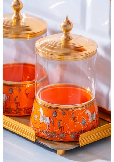 Passifolia 4 Parça Tepsili Cam Baharat Kavanoz Seti Turuncu