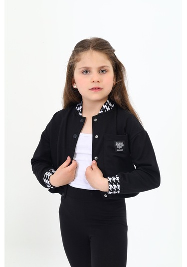 Toontoy Kız Çocuk Kolej Yaka Çıtçıt Kapama Baskılı Renk Bloklu Örme Hırka - 2 İplik Şardonlu Siyah