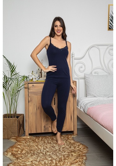 Kadın Lacivert Renkli Dantel Detaylı Şortlu Ve Taytlı Pijama Takımı 3'lü Set 75019 Lacivert