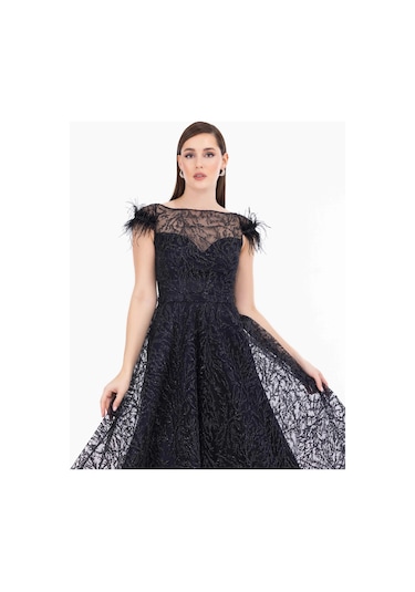 Kayık Yaka Tül Detaylı Simli Abiye-siyah Siyah