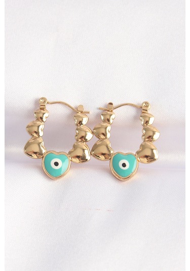 Ezoconcept 316l Çelik Gold Renk Mavi Nazarlı Kalpli Model Küpe