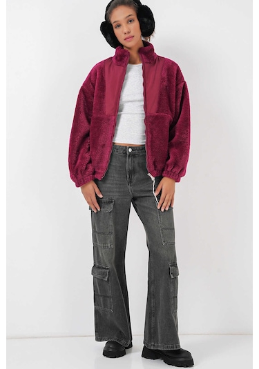 Gabria Fermuarlı Peluş Mont Bordo