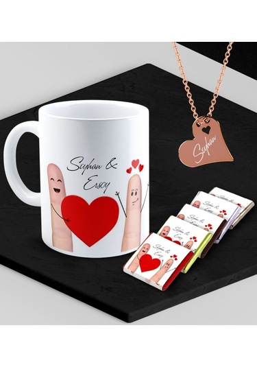 Kişiye Özel Sevgililer Temalı Kupa Madlen Çikolata Ve Rose Kalp Kolye Set - 88