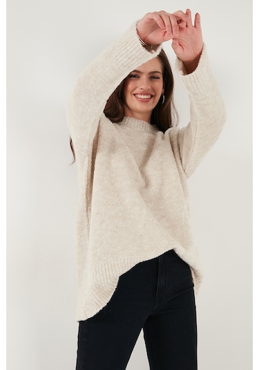 Lela Regular Fit Dik Yaka Yumuşak Dokulu Triko Bayan Kazak 4616222 Taş