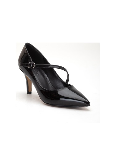 Büyük Beden Kadın Stiletto İnce Topuklu Ayakkabı Siyah Rugan Baretli-4292 Siyah