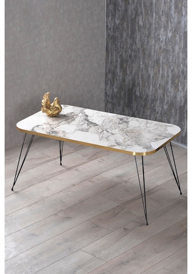 Orta Sehpa Kr Siyah Tel Ayak Altın Efes Beyaz Mermer Desen