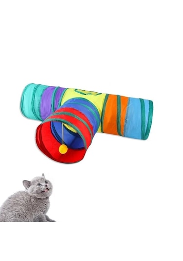 Tineke T Kedi Tüneli Katlanır Gökkuşağı Uzun Düz Kedi Köpek Oyuncağı