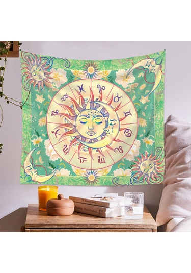 Singree Yeşil Güneş Ve Ay Desenli Poliester Dekoratif Duvar Örtüsü - 73x95 Cm Ev Dekorasyonu Tapestri