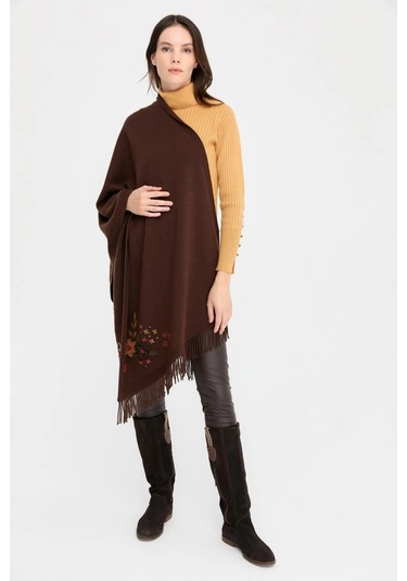 Desen Triko Kadın Papatya İşlemeli Püsküllü Yün Şal 24028 M. Kahve M. Kahve Kahverengi