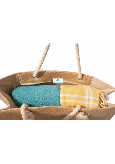 Jüt Tote Çanta - Fermuarlı- 54 34 Cm- Aquatolia - Plaj Çantası Bej