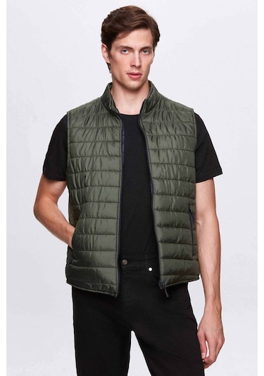 Ds Damat Regular Fit Haki Dik Yaka Elyaf Dolgulu Mevsimlik Fermuarlı Yelek Mont 7HF07ORT42611