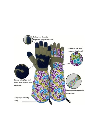 Techbloom Diken Geçirmez Eldiven Nefes Alabilir Polyester Green Floral Desenli Unisex Bahçe Eldiveni